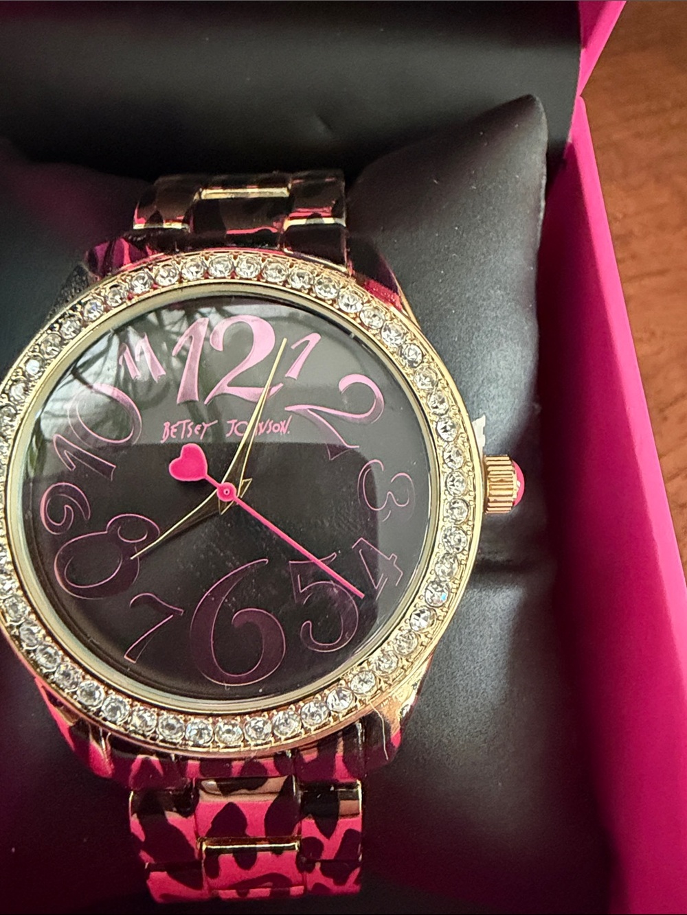 Betsey Johnson Gold Tone Watch with Pink Leopard Accents - Picture 2 of 8